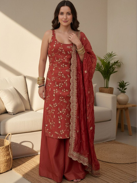 KALINI Women Ethnic Motifs Embroidered Regular Thread Work Kurta with Palazzos & With Dupatta