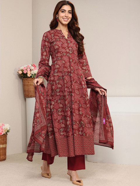Libas Rust Floral Printed Cotton A-line Suit Set with Dupatta - Image 2