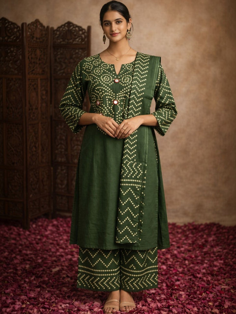 Aarika Women Bandhani Printed Regular Pure Cotton Kurta with Trousers & With Dupatta