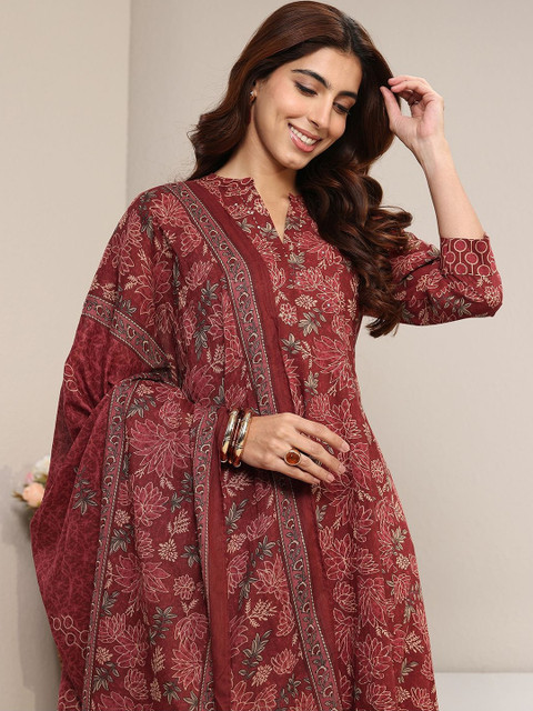 Libas Rust Floral Printed Cotton A-line Suit Set with Dupatta - Image 5