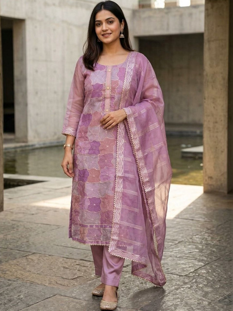 HMP Fashion Embroidered Organza Unstitched Dress Material