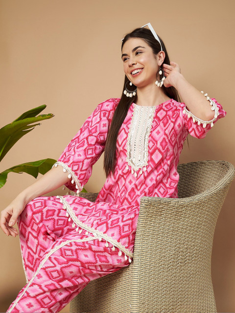 Sangria Women Ethnic Motifs Printed Regular Mirror Work Pure Cotton Kurta with Dhoti Pants