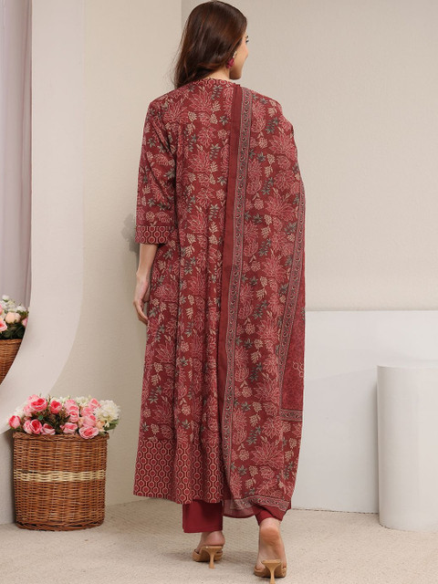 Libas Rust Floral Printed Cotton A-line Suit Set with Dupatta - Image 3