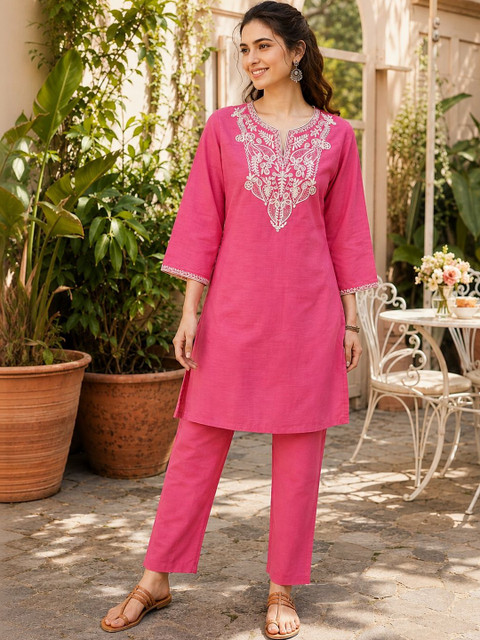 Nayam By Lakshita Women Ethnic Motifs Embroidered Regular Thread Work Pure Cotton Kurta with Trousers