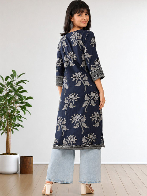 SZN Floral Printed Indie Prints Straight Cotton Kurta - Image 2