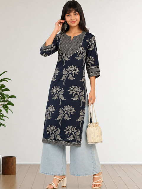 SZN Floral Printed Indie Prints Straight Cotton Kurta - Image 5