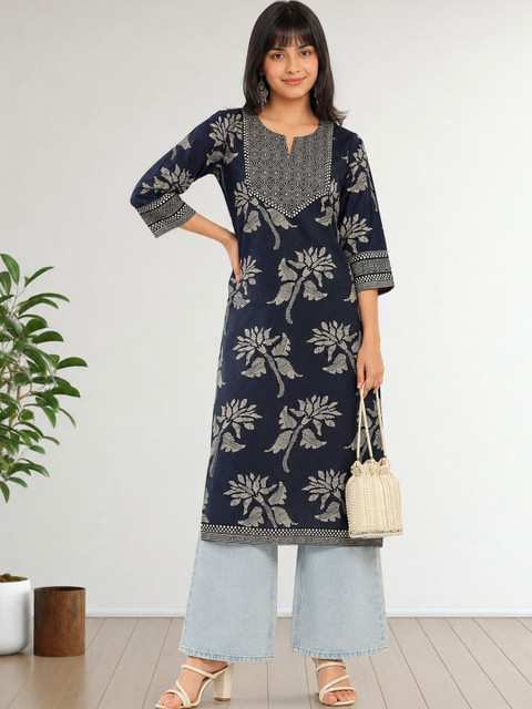 SZN Floral Printed Indie Prints Straight Cotton Kurta