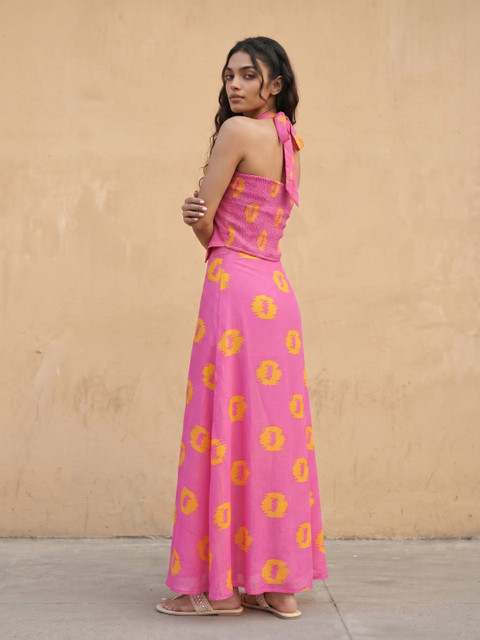 fusion by glitchez Abstract Print Halter Neck Top with Maxi Skirt