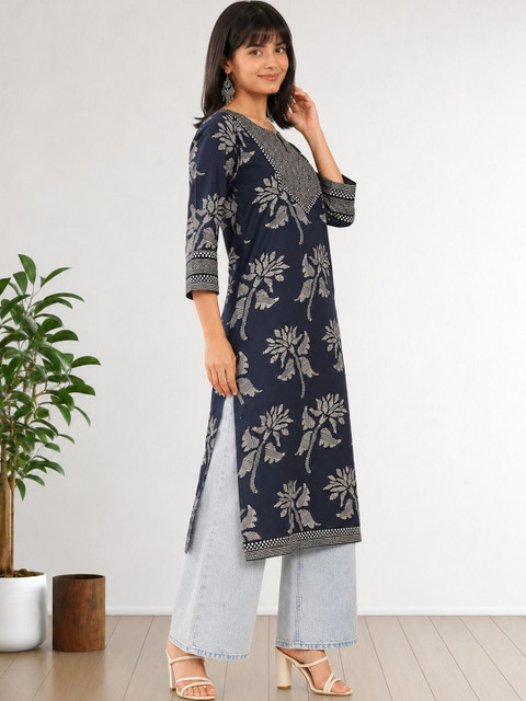 SZN Floral Printed Indie Prints Straight Cotton Kurta - Image 3
