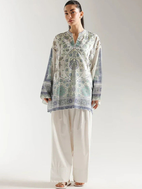 BHAVUBAA Ethnic Motifs Printed Mandarin Collar Regular Pure Cotton Kurta With Trousers
