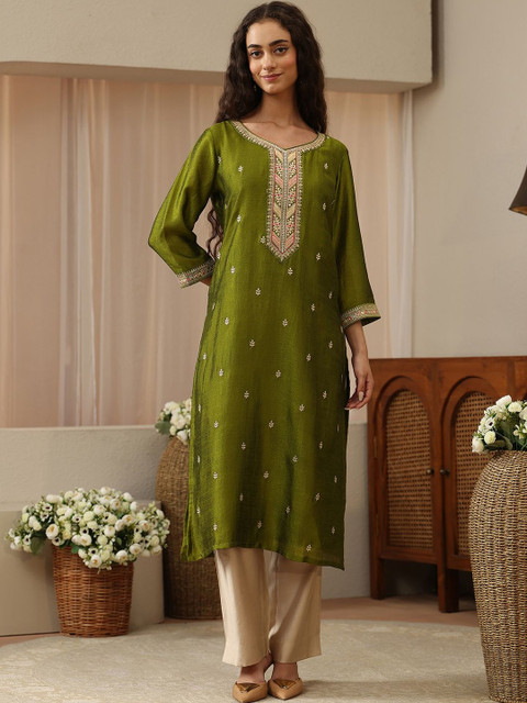 Libas Fern Green Embroidered Straight Kurta - Image 5