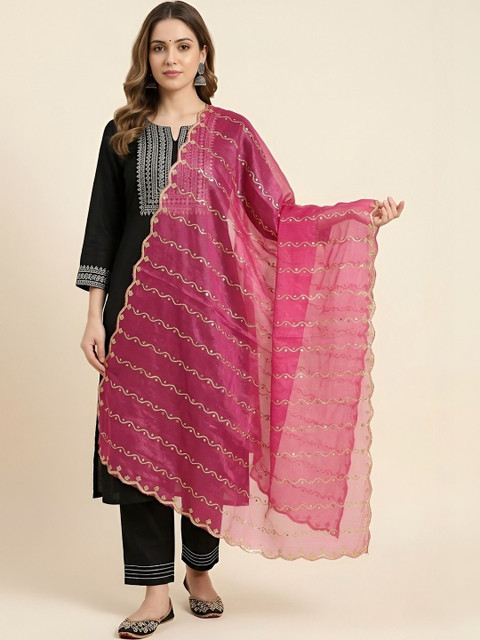 MUFFLY Ethnic Motifs Embroidered Leheriya Dupatta with Sequinned