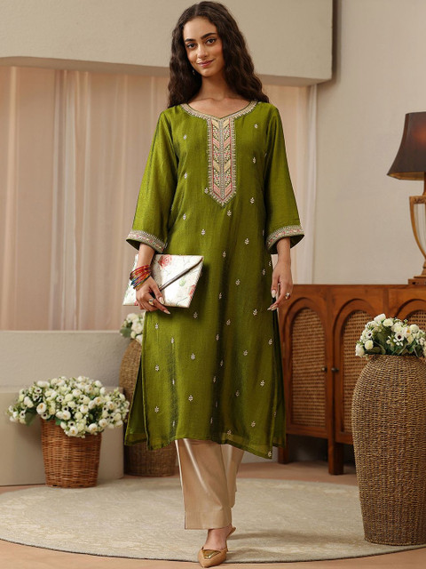 Libas Fern Green Embroidered Straight Kurta