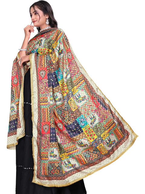 KALINI Ethnic Motifs Printed Art Silk Block Print Dupatta with Sequinned