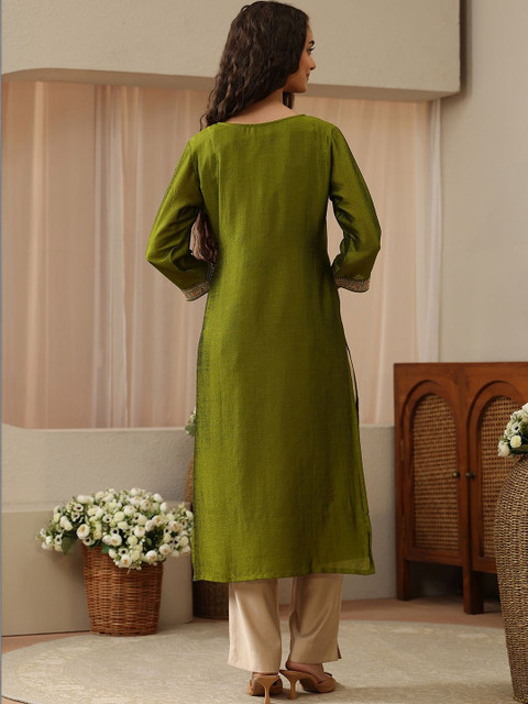 Libas Fern Green Embroidered Straight Kurta - Image 3