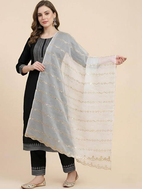 MUFFLY Ethnic Motifs Embroidered Leheriya Dupatta with Sequinned