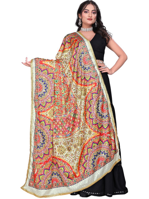 KALINI Ethnic Motifs Printed Art Silk Block Print Dupatta with Gotta Patti