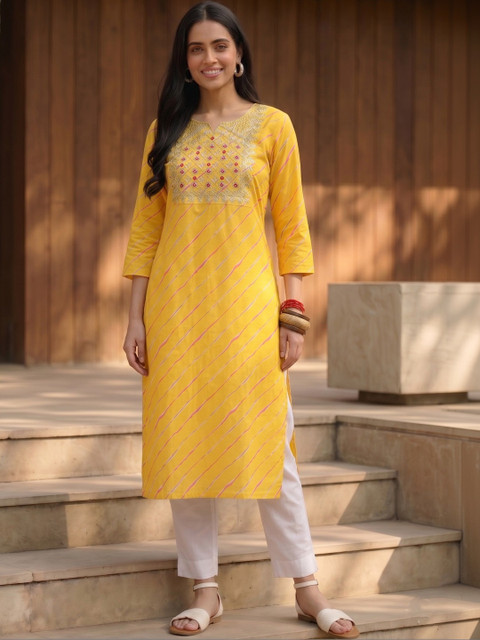 Maaesa Women Leheriya Printed Thread Work Indie Prints Kurta
