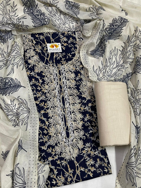 SILKORA Embroidered Pure Cotton Unstitched Dress Material - Image 3