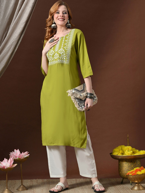 JEMCY Women Ethnic Motifs Embroidered Thread Work Indie Prints Kurta - Image 4