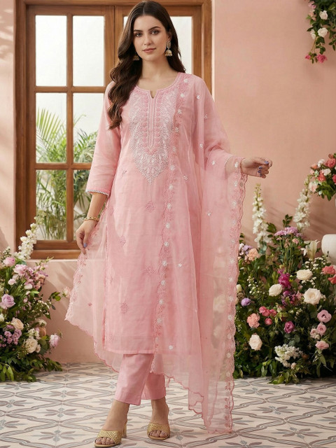 Indo Era Women Ethnic Motifs Embroidered Regular Thread Work Kurta with Trousers & With Dupatta