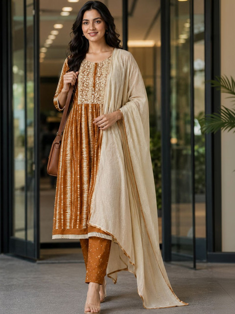 Anouk Women Mustard Printed Pure Cotton Kurta Set with Embroidered Yoke & Chiffon Dupatta