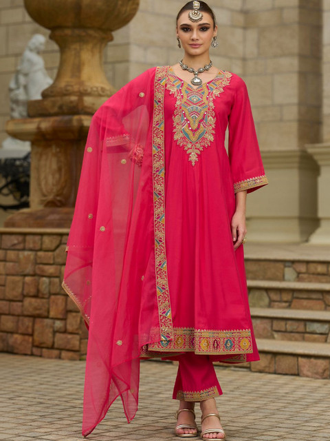 Indo Era Women Ethnic Motifs Embroidered Regular Thread Work Kurta with Trousers & With Dupatta