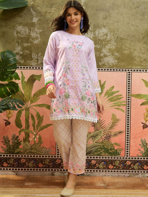 Sangria Floral Linen Printed Tunic with Trousers