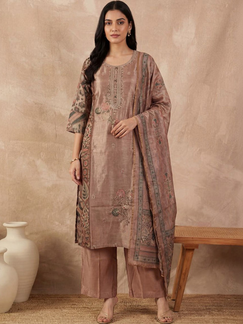 all about you Women Ethnic Motifs Embroidered Regular Thread Work Linen Kurta with Palazzos & With Dupatta