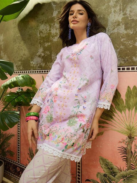 Sangria Floral Linen Printed Tunic with Trousers - Image 7