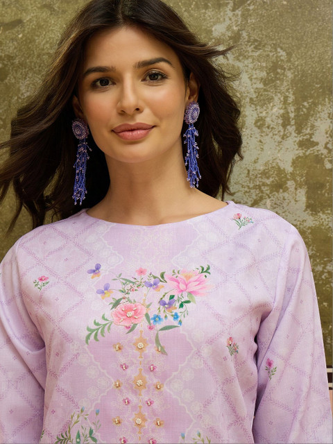 Sangria Floral Linen Printed Tunic with Trousers - Image 5