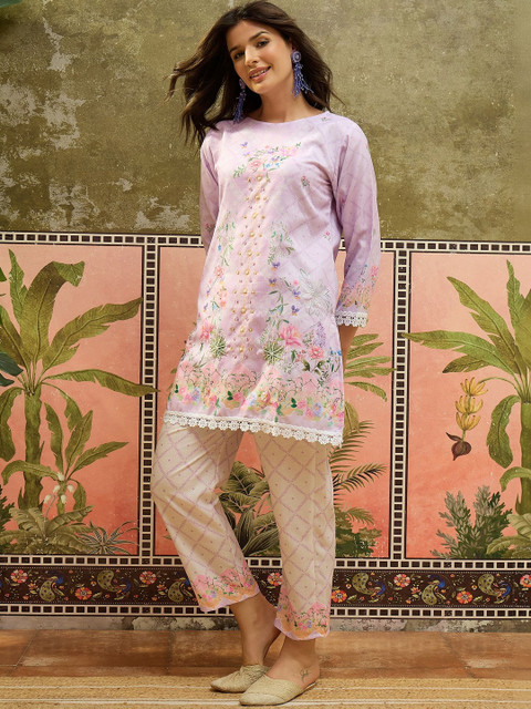 Sangria Floral Linen Printed Tunic with Trousers - Image 3