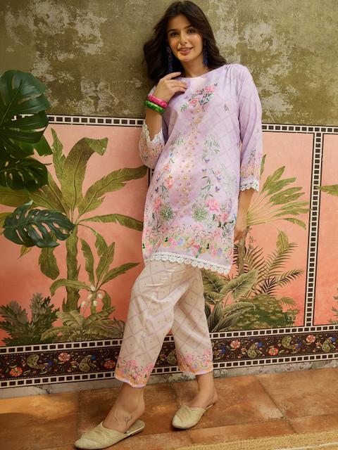 Sangria Floral Linen Printed Tunic with Trousers - Image 6