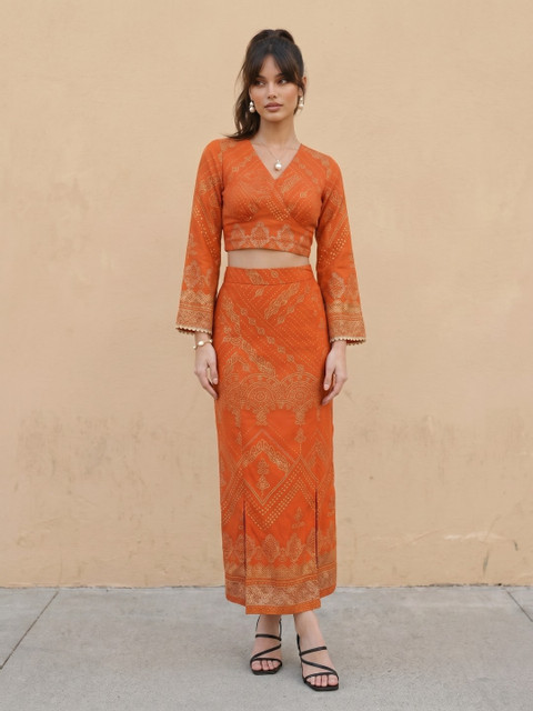 Rust & Gold Embellished V-Neck Co-Ords with Sequined Lace