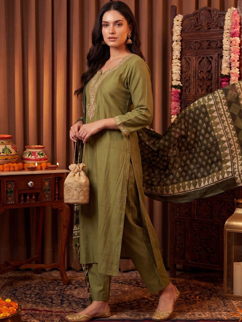 Indo Era Women Ethnic Motifs Embroidered Regular Thread Work Kurta with Trousers & With Dupatta
