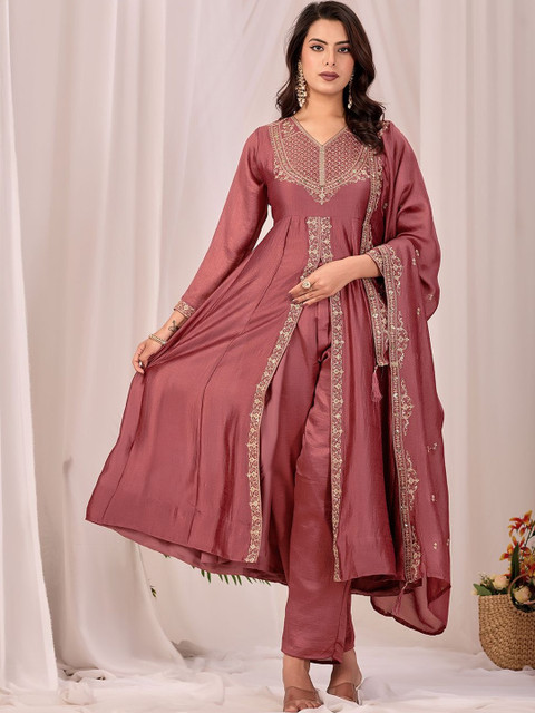 AAKASYA Women Ethnic Motifs Embroidered Regular Thread Work Kurta with Trousers & With Dupatta