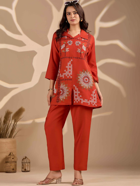 Sangria Floral Embroidered Tunic with Trousers