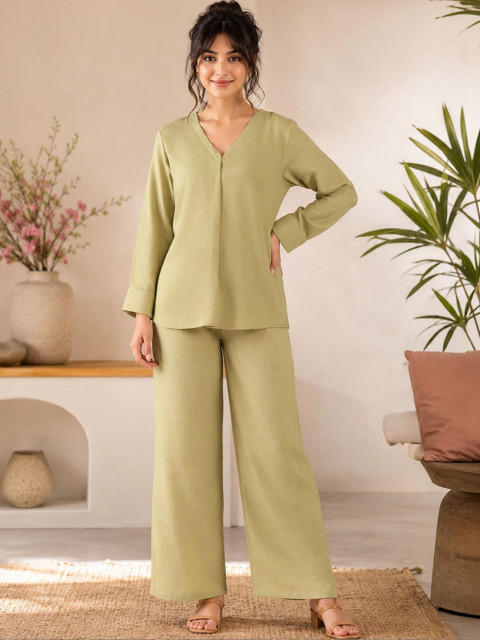 KALINI Linen Solid Top with Trousers