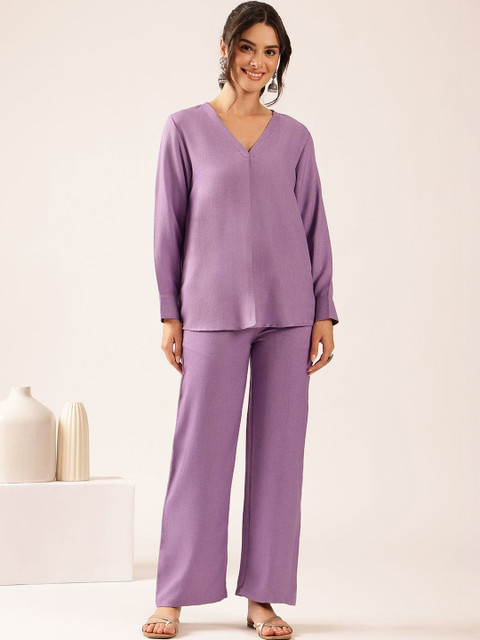 Vbuyz Linen Solid Top with Trousers