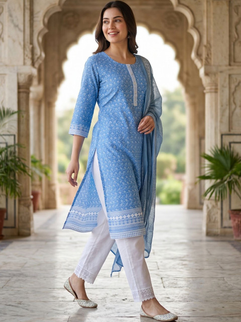 Anouk Women Floral Regular Patchwork Pure Cotton Kurta with Palazzos & With Dupatta