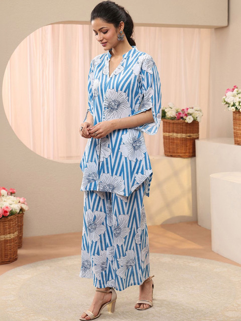 Libas Women Blue Floral Printed Tunic With Floral Printed Wide Leg Palazzo