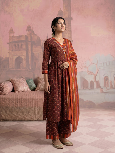 NAVYAAZRI Women Floral Yoke Design Empire Pure Cotton Kurta with Palazzos & With Dupatta