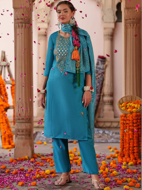 Navlik Women Ethnic Motifs Embroidered Regular Mirror Work Kurta with Trousers & With Dupatta