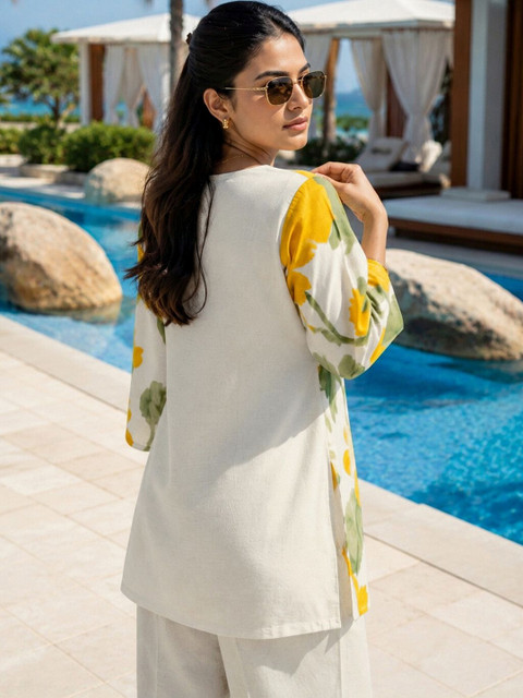 SKYLEE Printed Off White & Yellow Cotton Blend Co Ords for Women - Image 3