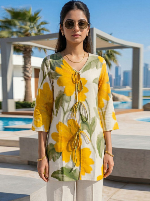 SKYLEE Printed Off White & Yellow Cotton Blend Co Ords for Women - Image 2