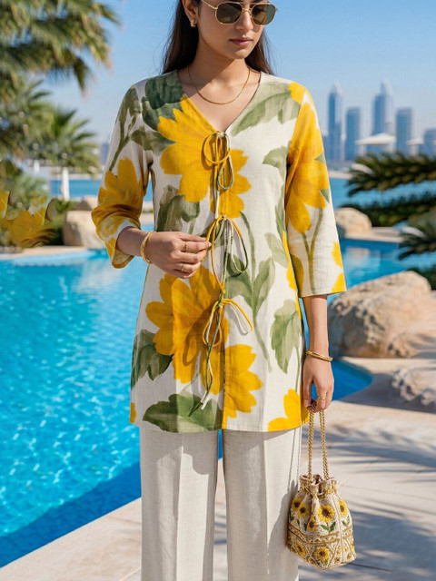 SKYLEE Printed Off White & Yellow Cotton Blend Co Ords for Women - Image 4