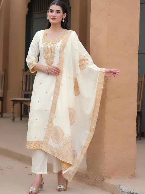 SKYLEE Women Ethnic Motifs Embroidered Regular Thread Work Pure Cotton Kurta with Trousers & With Dupatta