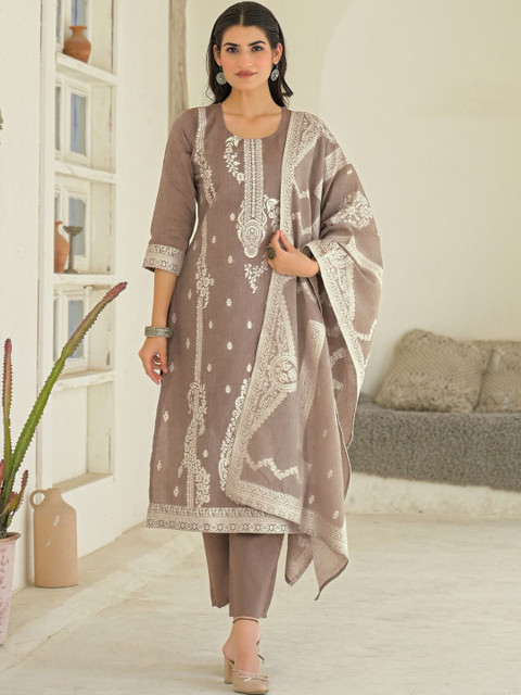 SKYLEE Women Ethnic Motifs Embroidered Regular Thread Work Pure Cotton Kurta with Trousers & With Dupatta - Image 2