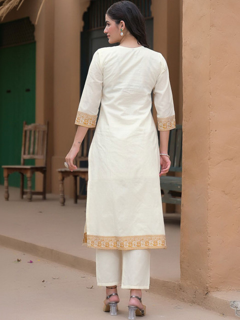 SKYLEE Women Ethnic Motifs Embroidered Regular Thread Work Pure Cotton Kurta with Trousers & With Dupatta - Image 3