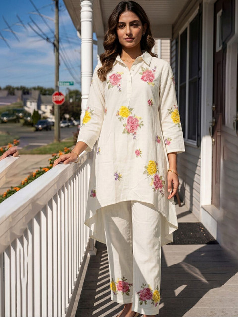 SKYLEE Embroidered White Pure Cotton Co Ords for Women